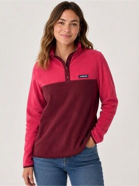 Lands’ End Fleece Pullover Snap Neck Colorblock Pink Burgundy Women’s M